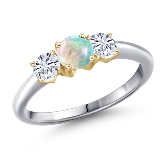 Gem Stone King 925 Silver and 10K Yellow Gold Simulated White Opal and White Moissanite Engagement Ring for Women | 0.96 Cttw | Round Cabochon 5MM | Gemstone October Birthstone | Size 7