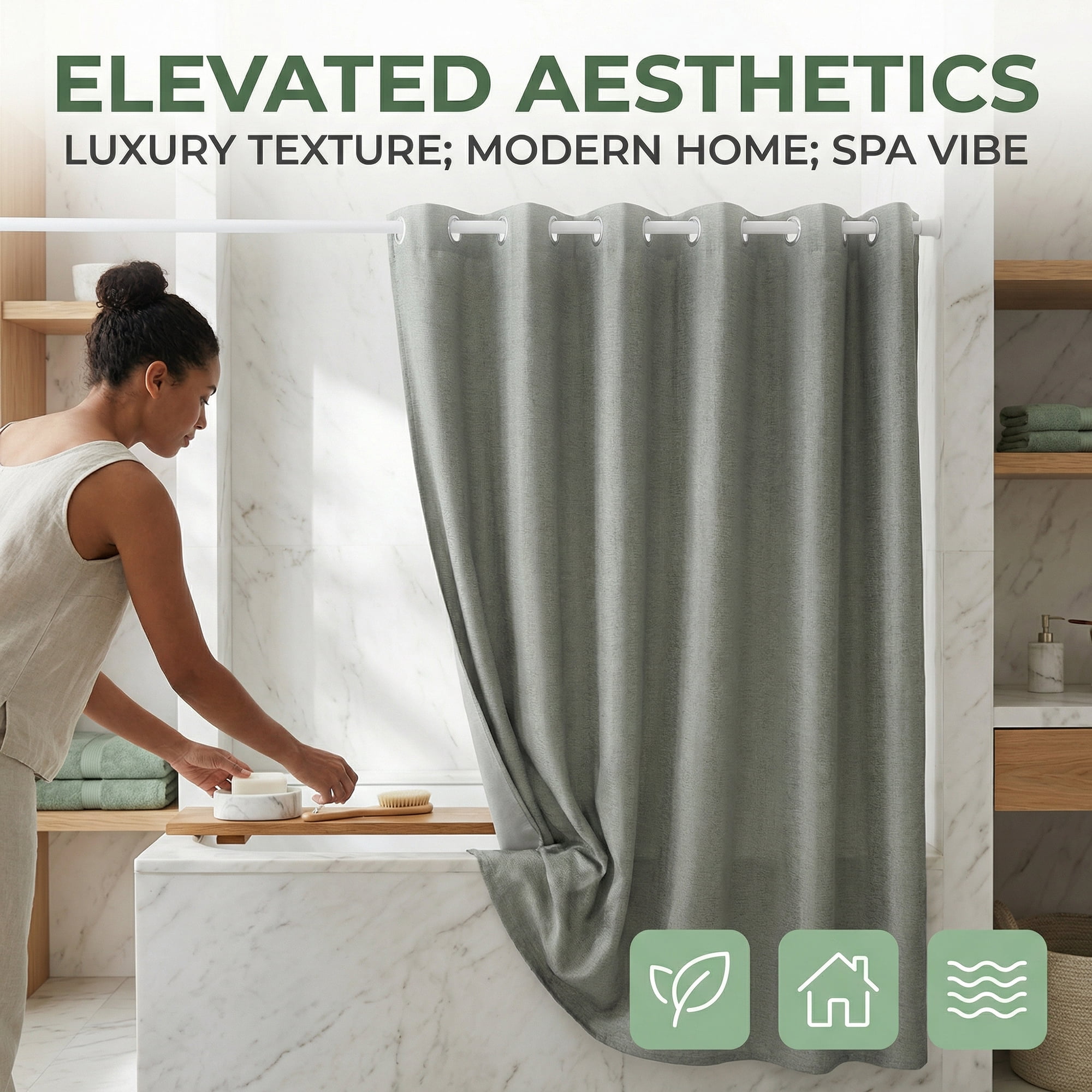 Unique Bargains Solid Color Linen-Like Shower Curtain Machine Washable Green 71"W x 71"L