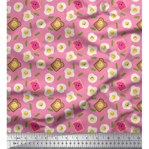 Soimoi Pink Cotton Voile Fabric Omlet & Bread Slice Food Printed Craft Fabric by the Yard 56 Inch Wide