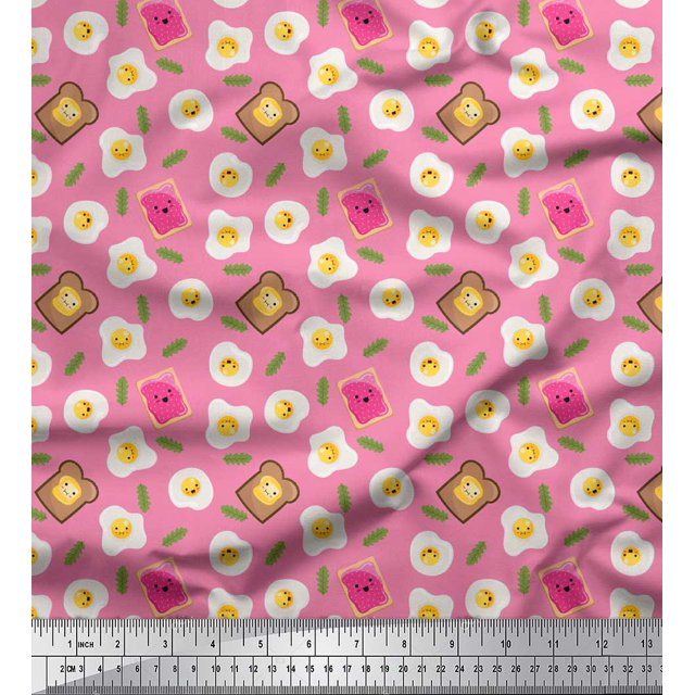 Soimoi Pink Poly Georgette Fabric Omlet & Bread Slice Food Print Sewing Fabric Yard 52 Inch Wide