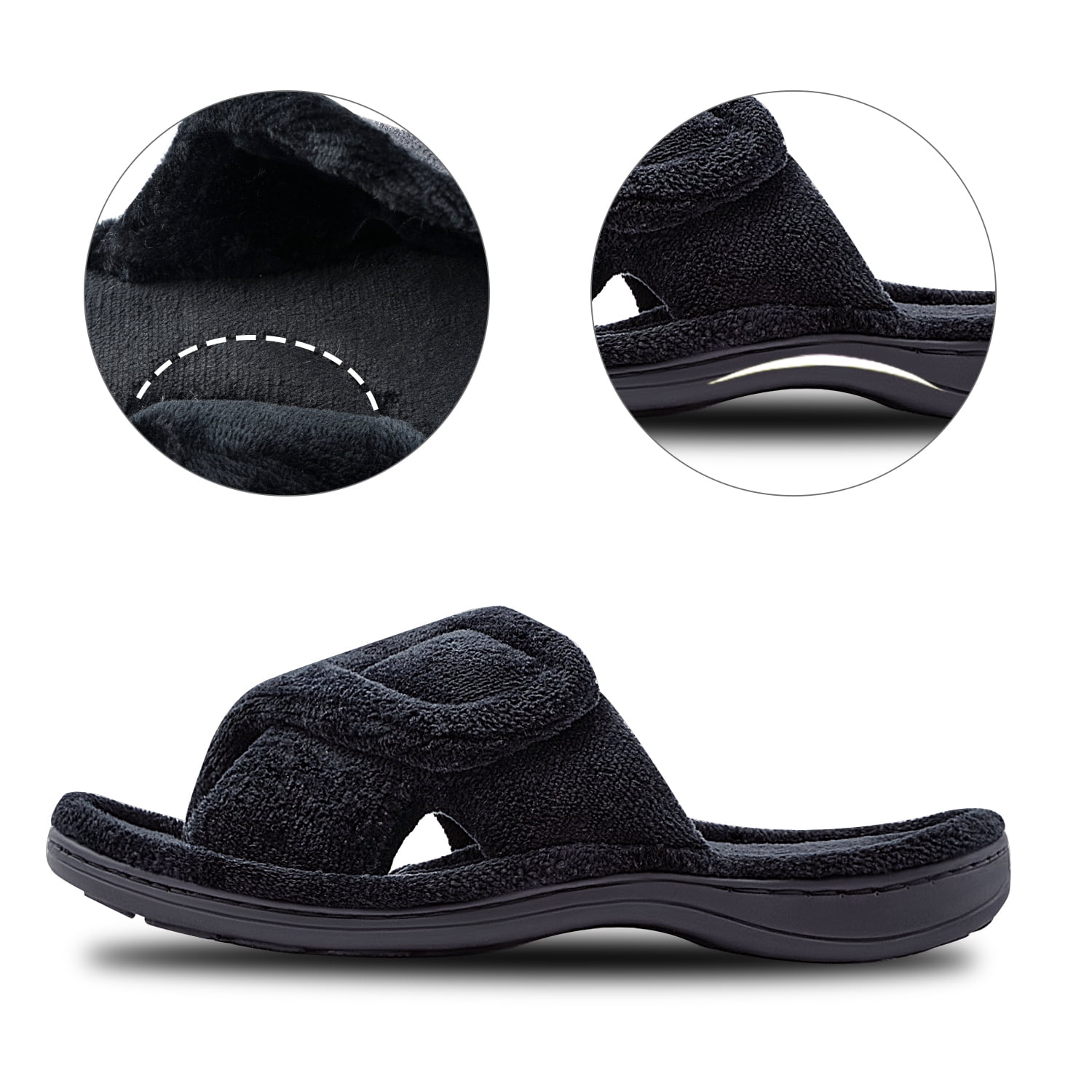 Women's Arch Support Diabetic Slippers Memory Foam House Shoes Orthotic Heel Cup Arthritis Edema Slippers with Adjustable Strap, Black 9.5/10.5