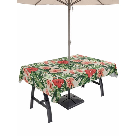 Outdoor Tablecloth with Umbrella Hole and Zipper, Tropical Botanical Rectangle Table Cloth 54x80 Inch Waterproof Tablecloth, Summer Red Pink Floral Botanical Picnic Table Cover for Patio Camping