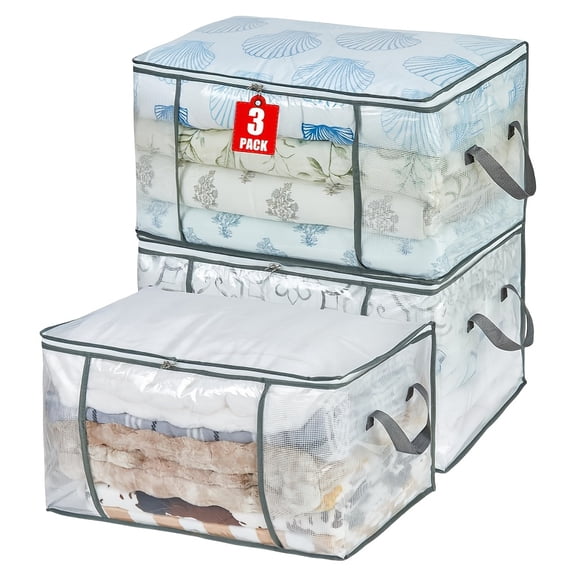 QUTETN 3-Pack Clear Large Storage Bags – 21.13gal Foldable Closet Organizers with Zippers & Sturdy Handles for Quilts, Blankets, Clothes, Pillows – Under Bed or Bedroom Storage Boxes