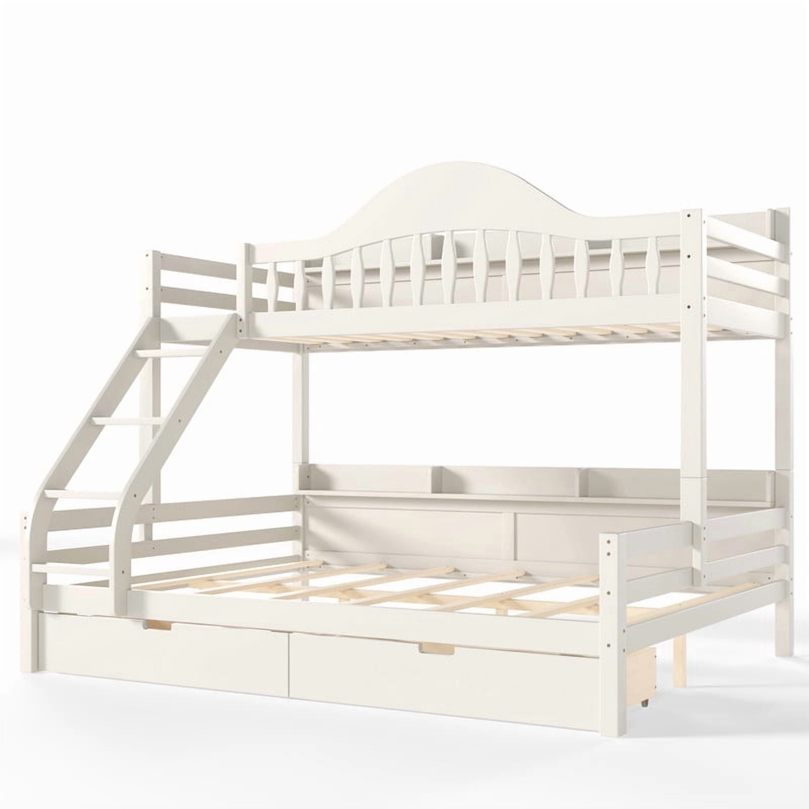 Twin XL-Over-Queen Wood Bunk Bed with Curved Guardrail & Ladder, Chic Kids Storage Bed Frame with Drawers & Bedside Shelves