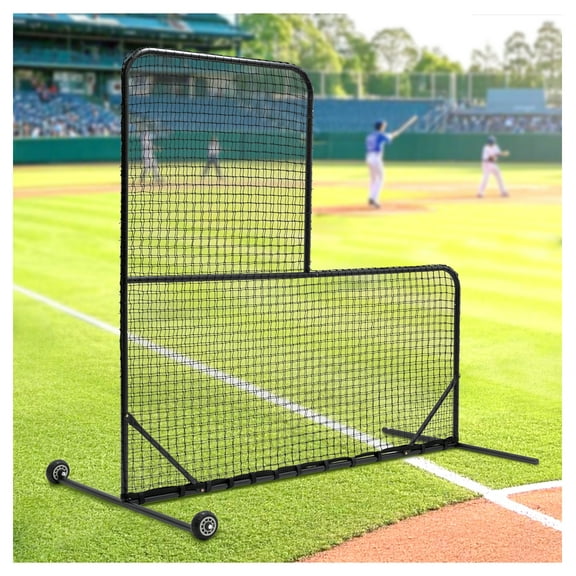 Baseball Pitching Net with Wheels - 84" L-Shaped Batting Cage Net, 42" Pitching Opening, Portable Baseball Net for Practice
