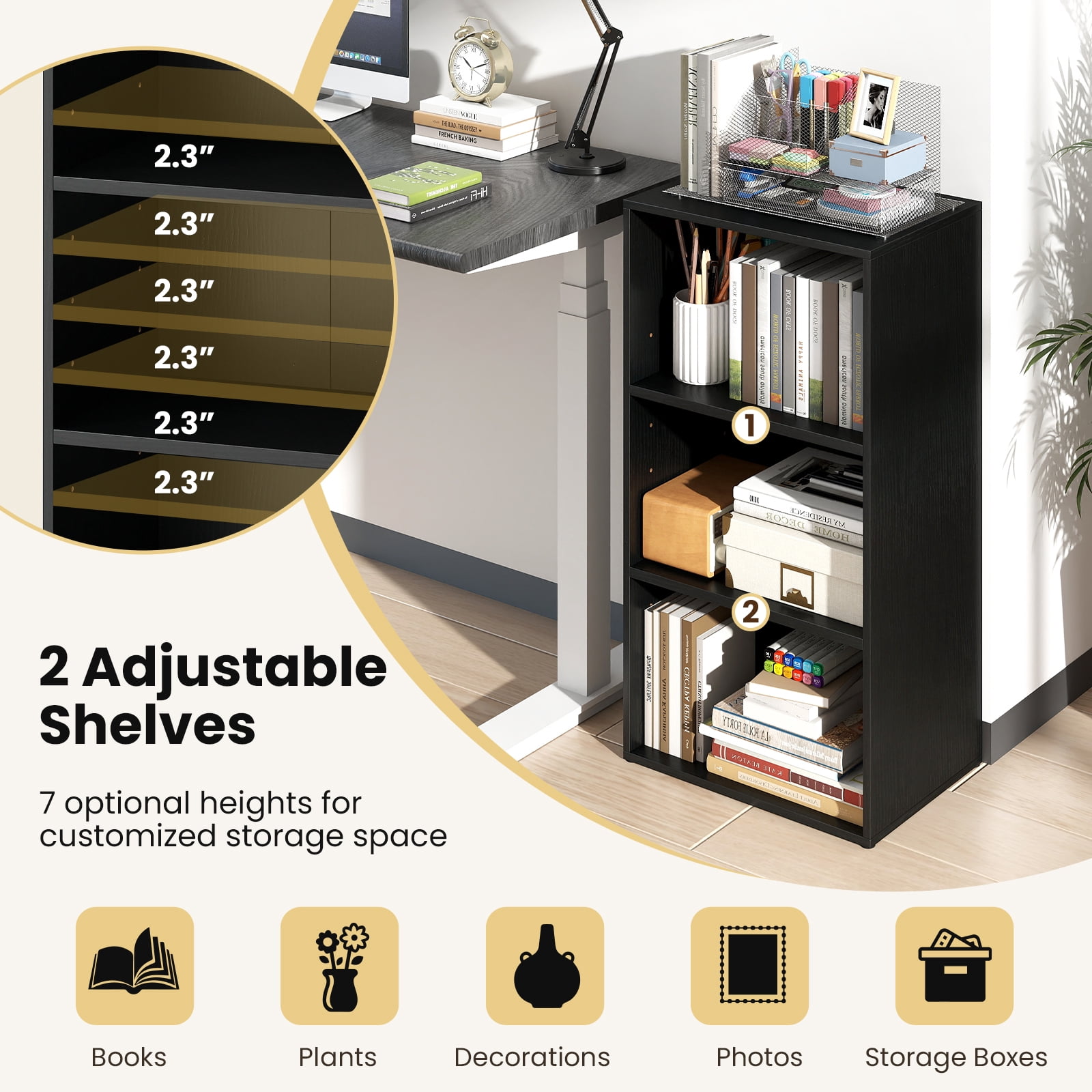 Giantex 3-Cube Bookcase, Floor Standing Open Bookshelf w/7-Position Adjustable Shelves, Modern Display Shelf, Black