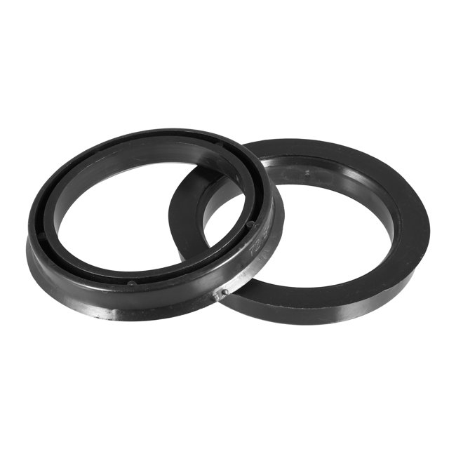 Unique Bargains Plastic 72.6mm to 57.1mm car hub centric rings wheel bore center spacer, shown as two black plastic rings designed to fit between a vehicle's hub and wheel. Precision machined to eliminate vibrations, ensure a snug fit, and resist heat during extreme driving conditions. Suitable for vehicles with a 72.6mm hub adapting to a 57.1mm center bore.