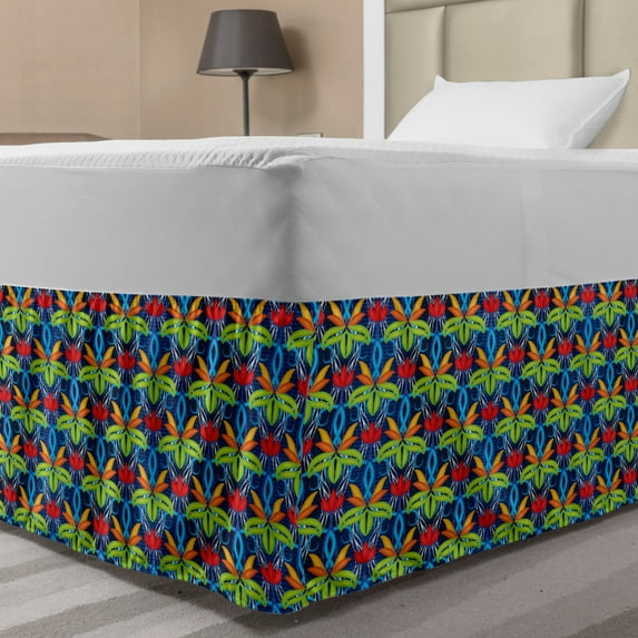 Colorful Bed Skirt, Floral Theme Abstract Concept Along Red Tulips Flowers Leaves and Swirls Shapes, Elastic Bedskirt Dust Ruffle Wrap Around for Bedding Decor, 4 Sizes, Multicolor, by Ambesonne