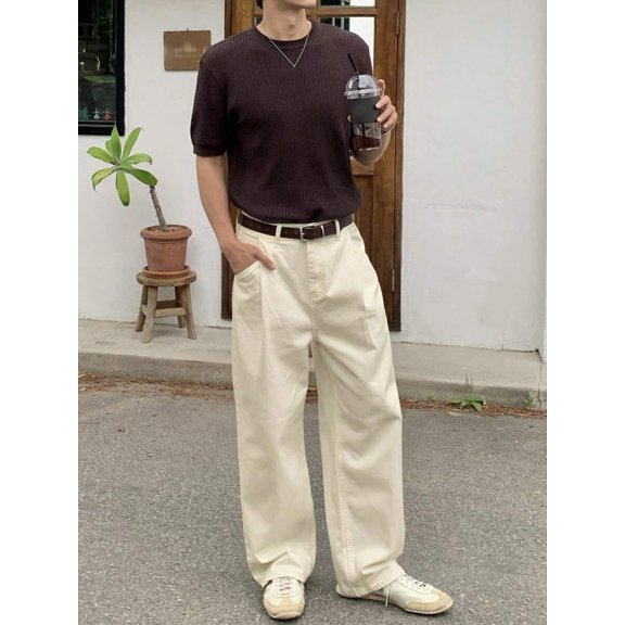 Men's Plain Wide Leg Jeans, Pleated Front Relaxed Fit Trousers, Spring Casual Daily Wear Pants