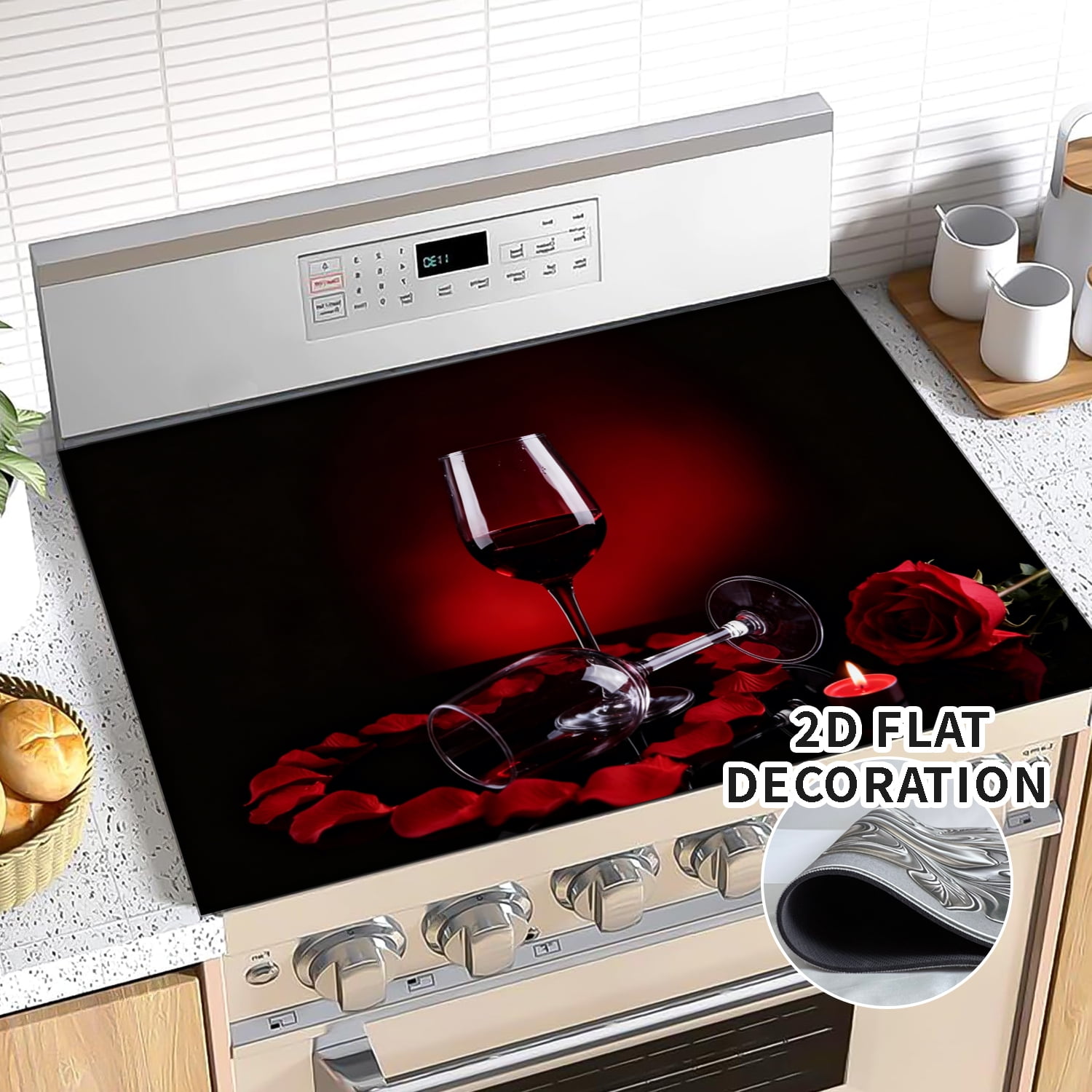 Stove Top Cover for Electric Stove 28×20 Inch Heat Resistant Glass Cooktop Cover Protector Red Wine Rose Design