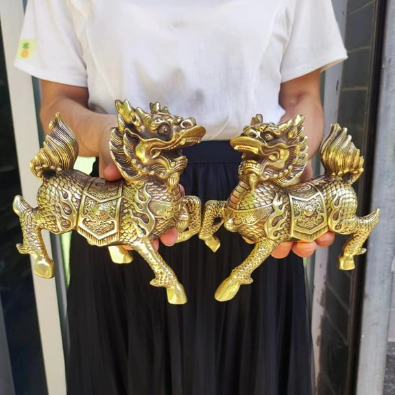 M1051| 2 pics, Pair brass kylin statue, Vintage Bronze unicorn Figurine, Chinese foo dogs sculpture, Tibetan Temple lion qilin Kirin Chi-Lin