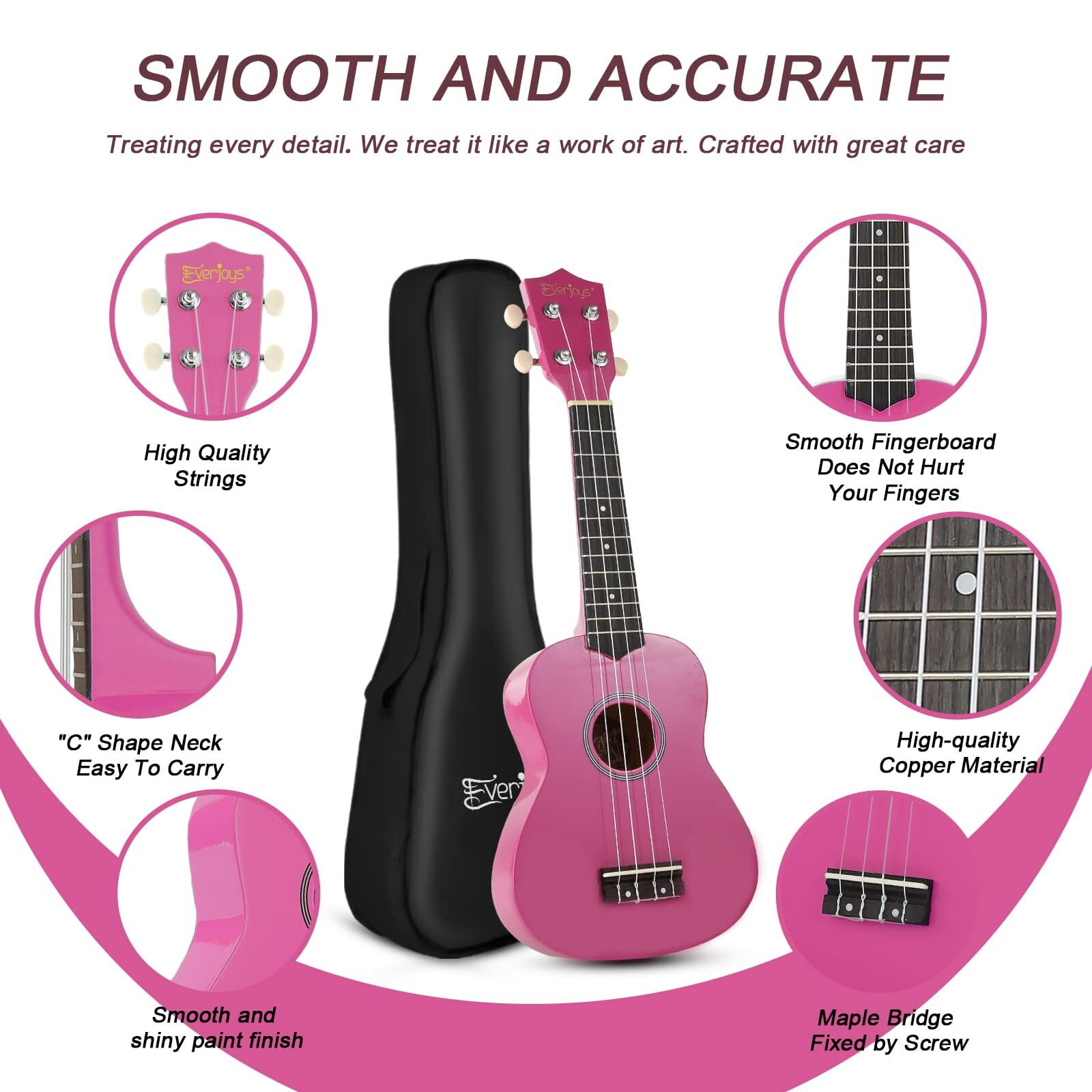 Everjoys 21" Soprano Ukulele Beginner Kit w/ Free Online Lesson, Gig Bag, Strap, Digital Tuner, Spare String, Picks, Polishing Cloth, Rainbow Series