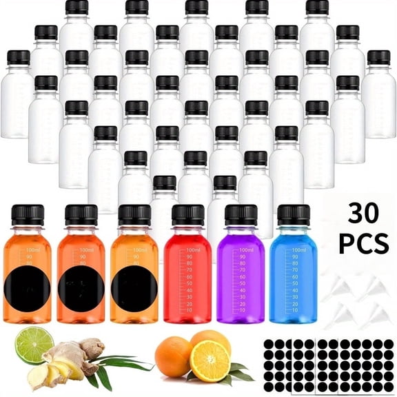 80 Pcs 3.5 oz Small Plastic for Liquids Juice Shot Bottles with Caps Reusable Ginger Shot Bottle with Lids Leak Proof Mini Bottles with Scale for Juice Milk Liquor Whiskey Liquid and Other Beverages