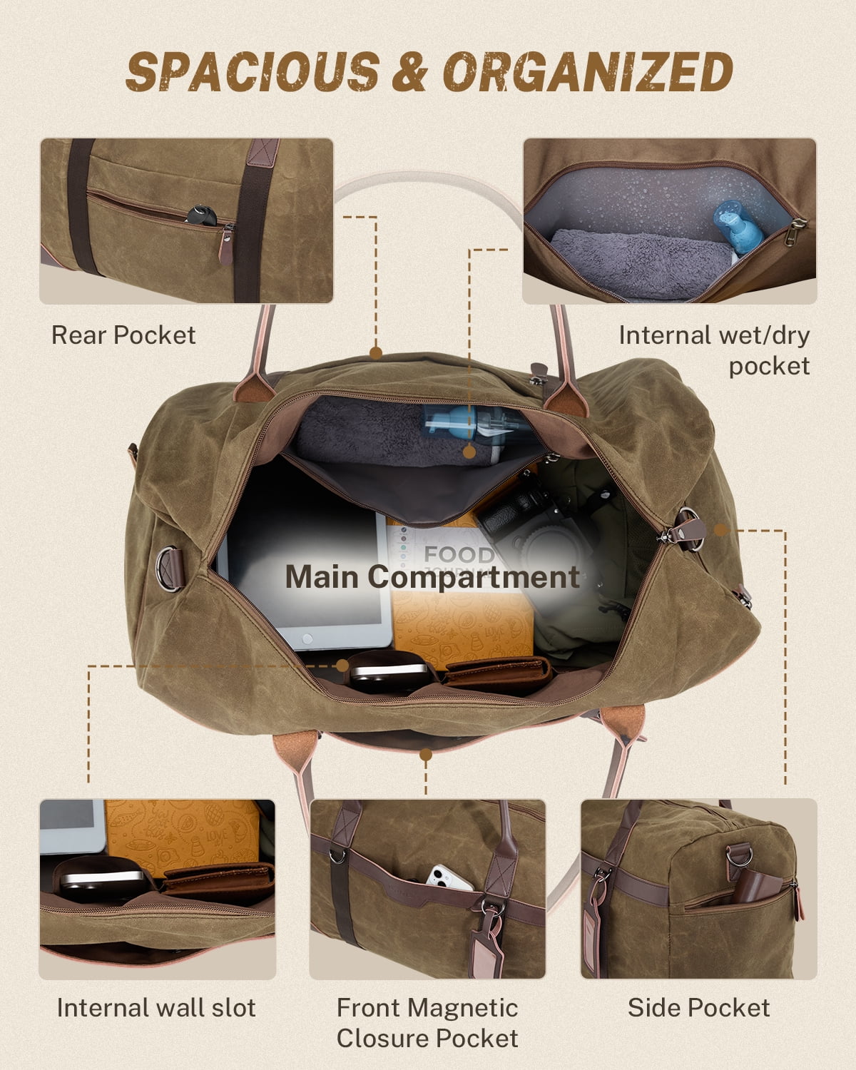 Gonex Waxed Canvas Duffle Bag, 55L Water-Resistant Travel Duffel, Vintage Overnight Weekender Bag with Shoes Compartment for Men & Women