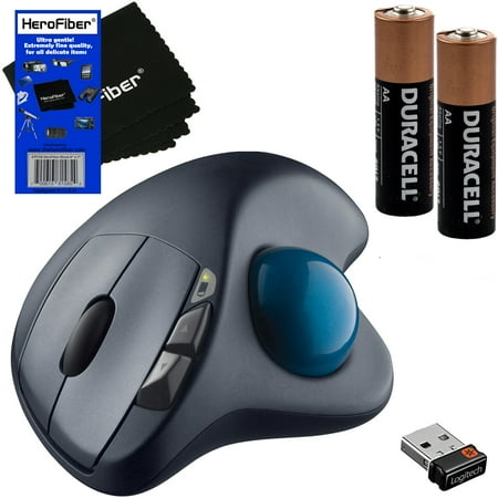 Logitech M570 Laser Long Range Wireless Trackball Computer Mouse + 2 AA Alkaline Batteries + HeroFiber Ultra Gentle Cleaning (Best Long Range Wireless Keyboard And Mouse)