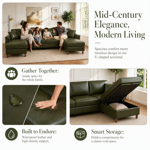 120" U-Shaped Sectional Sofa with 2 Removable Storage Ottomans, Faux Leather Couch, Breathable PU Leather, Solid Wood Frame, Dark Green