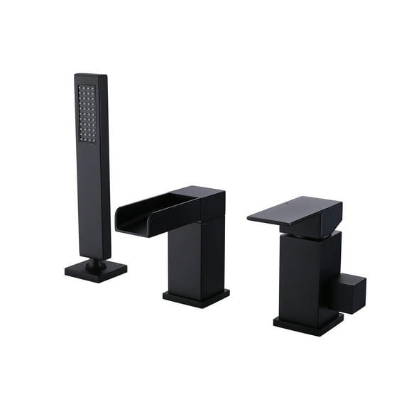 Three Holes Deck Mounted Bathroom Bathtub Faucet, Roman Waterfall Tub Filler with Hand Shower in Matte Black