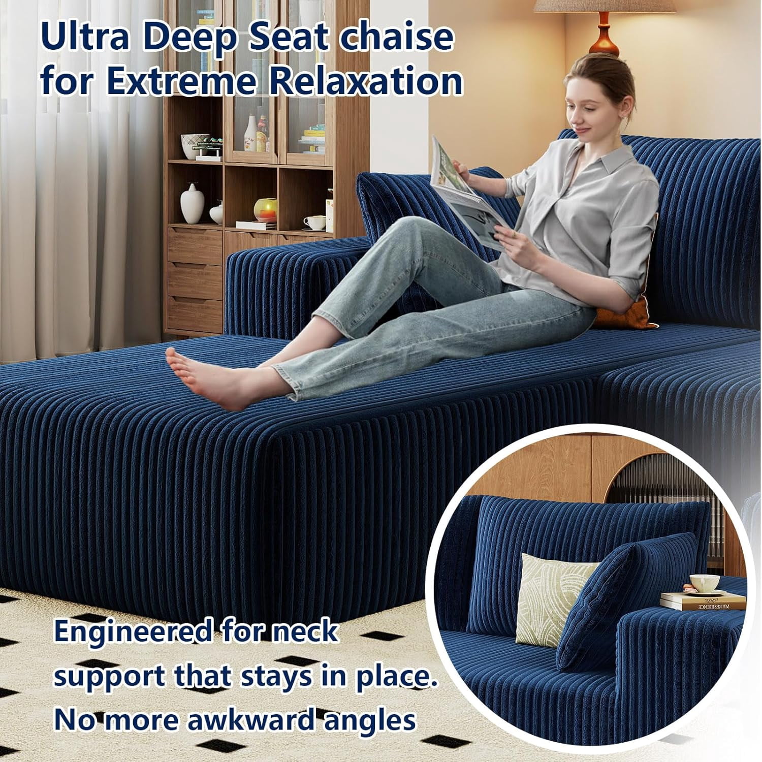 96-inch Modern Cloud Couch, L-Shaped Corduroy Sectional Sofa with Chaise, No Assembly Required, Deep Seating Modular Sofa for Living Room,Blue