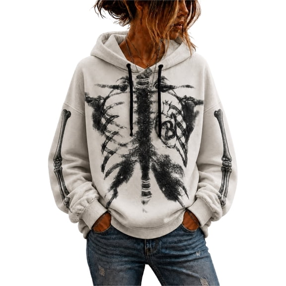 Halloween Sweatshirts for Women Long SLeeve Gothic Skeleton Print Y2k Dark Style Vintage Punk Fall Hoodie Gray L