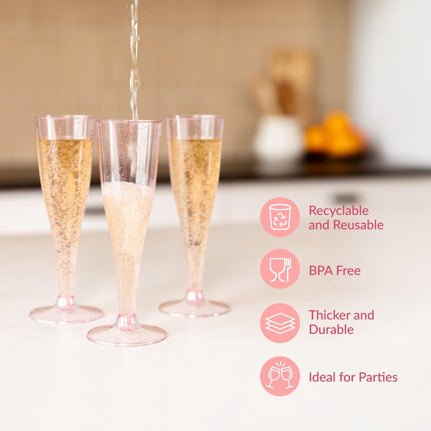 200 Disposable Champagne Flutes Gold Glitter Glasses - 6 Oz Plastic Champagne Cups for Parties, Wedding Toasts, Mimosa Bar, and New Year’s Eve - Elegant Bulk Gold Plastic Wine Flutes