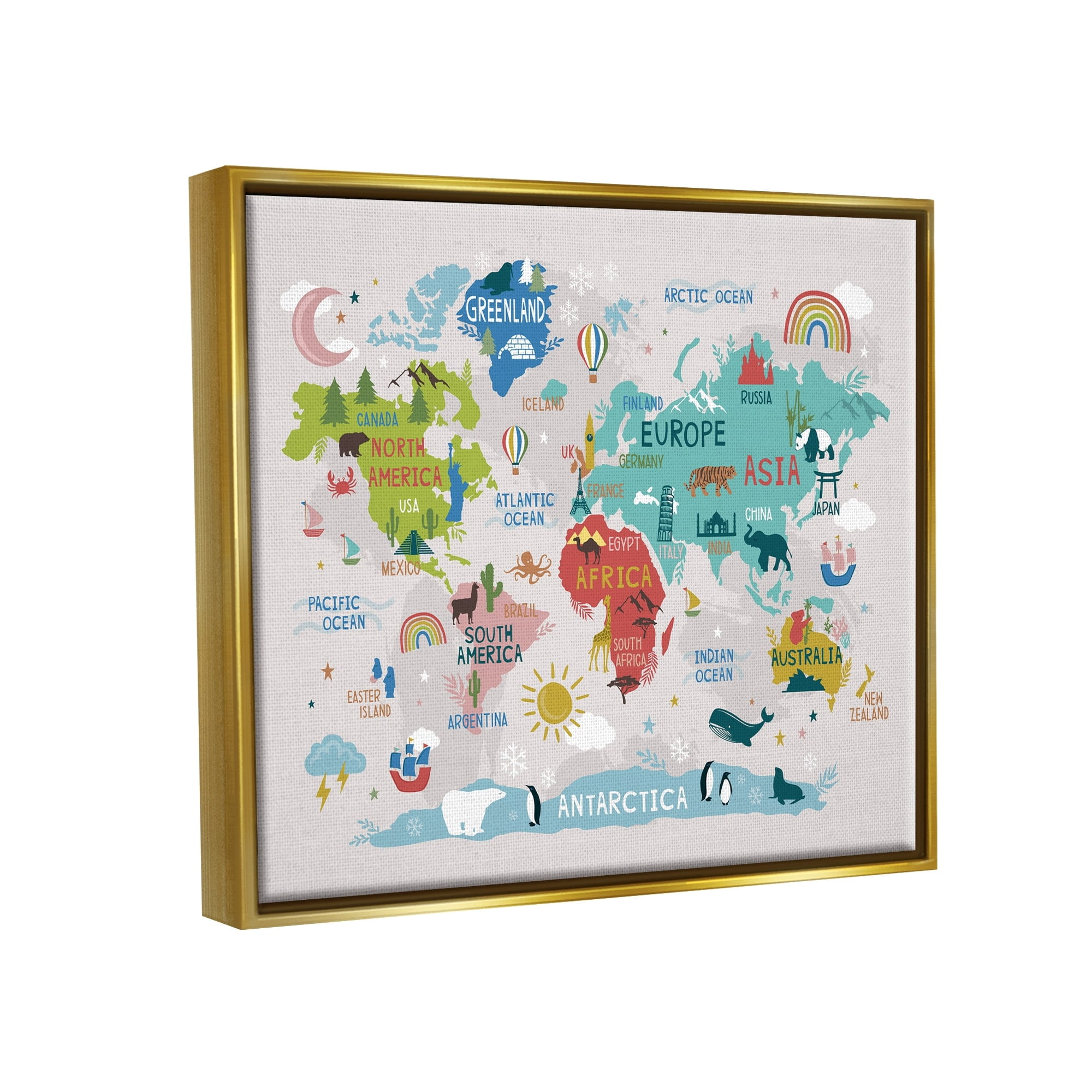 Stupell Industries Native Animals World Map Educational Wildlife Atlas Graphic Art Metallic Gold Floating Framed Canvas Print Wall Art, Design by Lisa Whitebutton