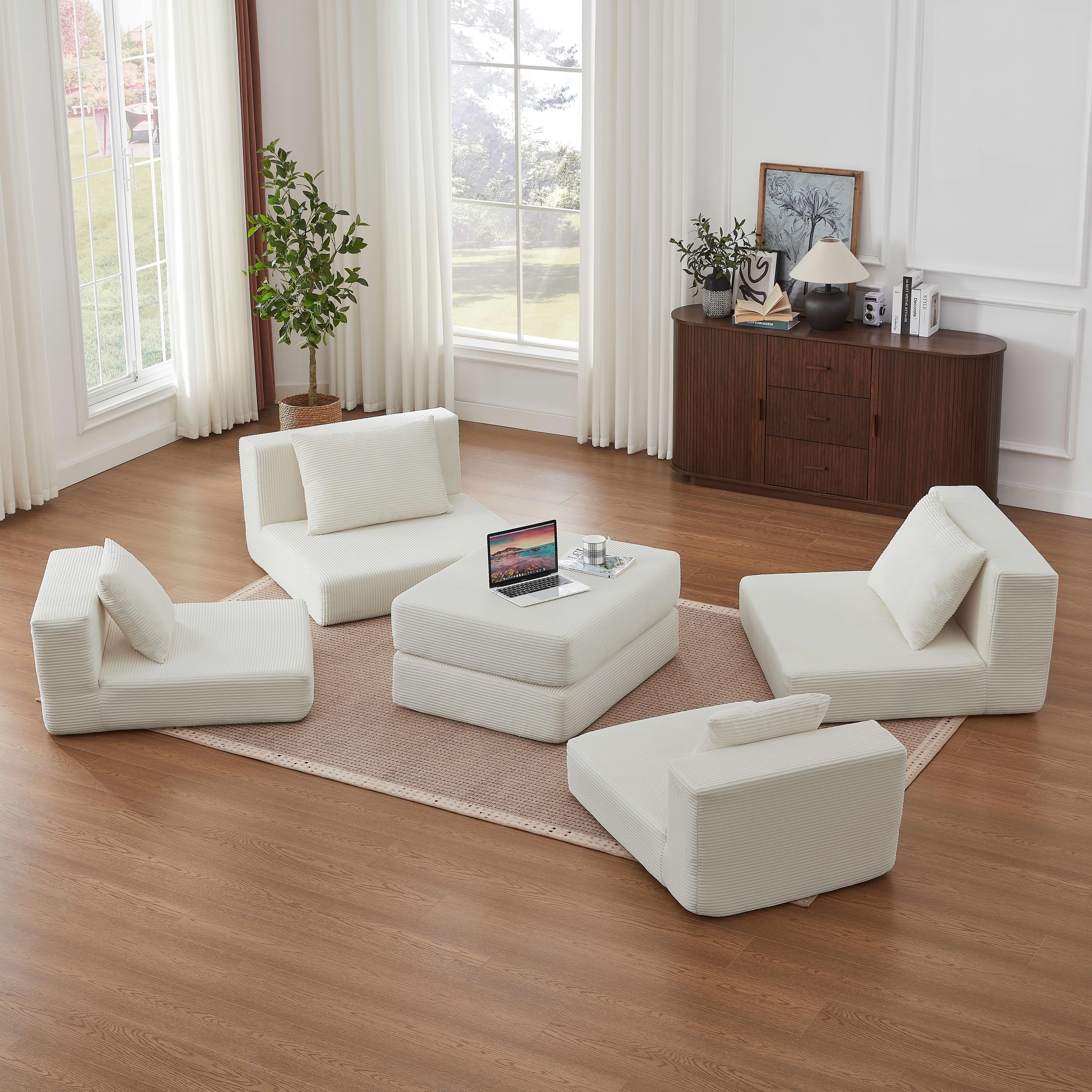 MAYEERTY Minimalist Corduroy Modular Sectional Cloud Sofa - Boneless Sleeper Couch for Customizable Living Spaces, White