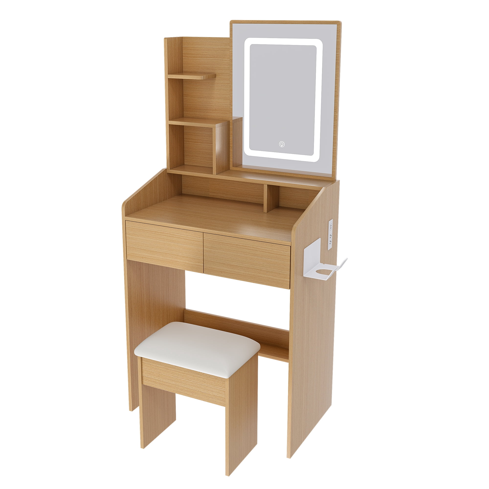 Vanity Table with LED-Illuminated Mirror, Power Outlet, Hairdryer Holder & Stool – Compact Dressing Desk for Small Bedrooms(Wood)