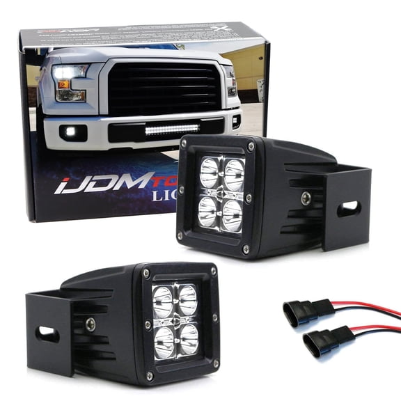 White LED Pod Fog Lamp Kit For Ford 2015-20 F150, 2017-22 F250 F350, Includes (2) 20W High Power LED Cubes, Foglight Location Mounting Brackets & Wiring/Adapter Harnesses