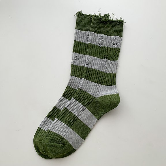 Karimi Ruffle Socks Distressed Ripped Striped Crew Socks, Wide Stripe Mid Calf Cotton Socks, Retro Y2K Destroyed Casual Stackable Leg Socks No Show Socks