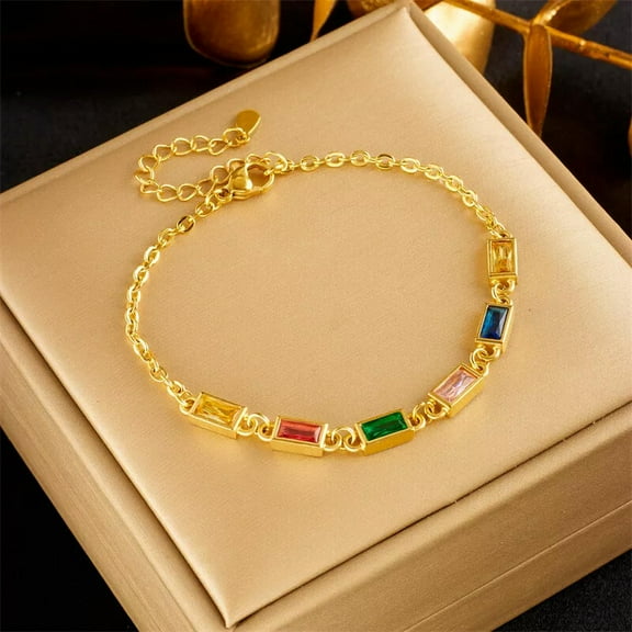 GKNET Women 18K Gold Plated Stainless Steel Multicolor Zircon Bracelet Bangle B804