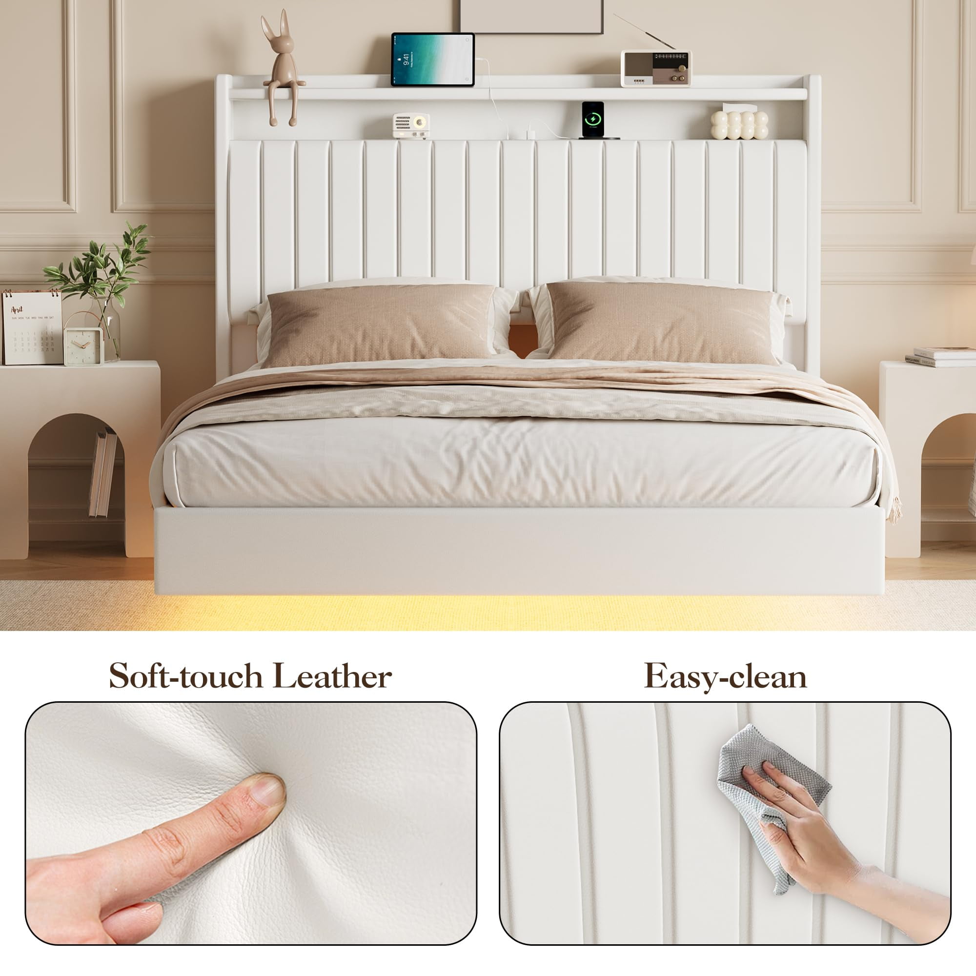 Towallmark Queen Size Floating Bed Frame with LED Lights & Charging Station,Upholstered Leather Platform Bed Frame with Headboard,50" Tall Floating Bed with Stable Structure,White