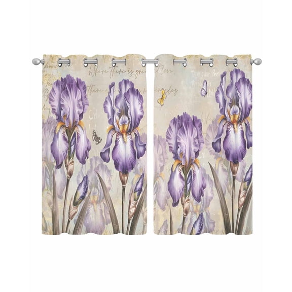 Purple Iris Sheer Curtains 39 Inch Length 2 Panels Set for Living Room/Bedroom, Spring Vintage Flowers Butterfly Leaves Khaki Kitchen Curtains Grommet Curtains Window Treatments 27.5"x39"x2