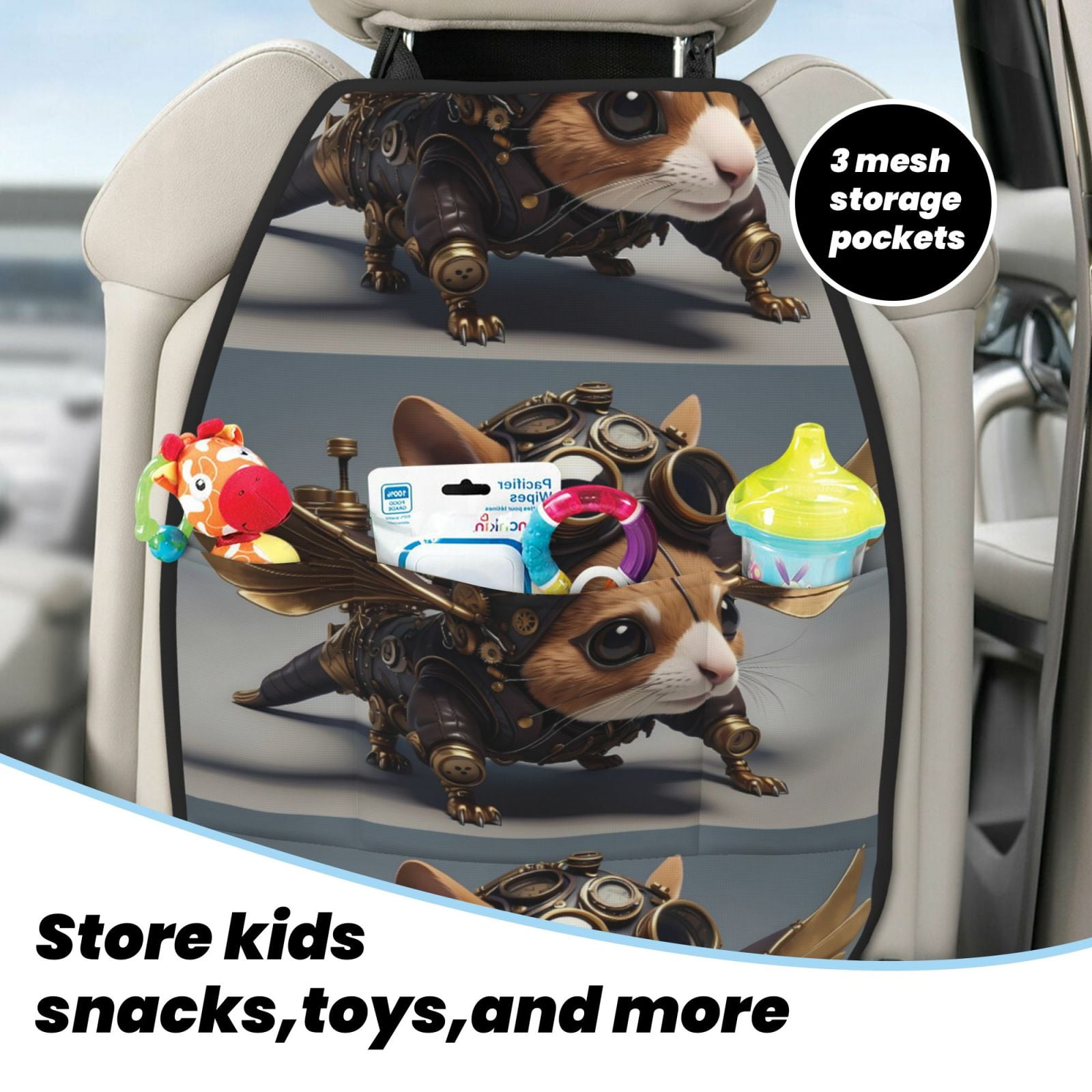 Xecao Steampunk Squirrel Pilot Pattern Car Seat Back Protector 2 Pack Large Capacity Pocket, Kick Mats Back Seat Protector