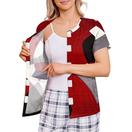 Delconic Women's Floral Print Recovery Shirt Easy Open Hook and Loop Front Short Sleeve Top with Drain Pocket for Post Surgery Hospital Use Red M