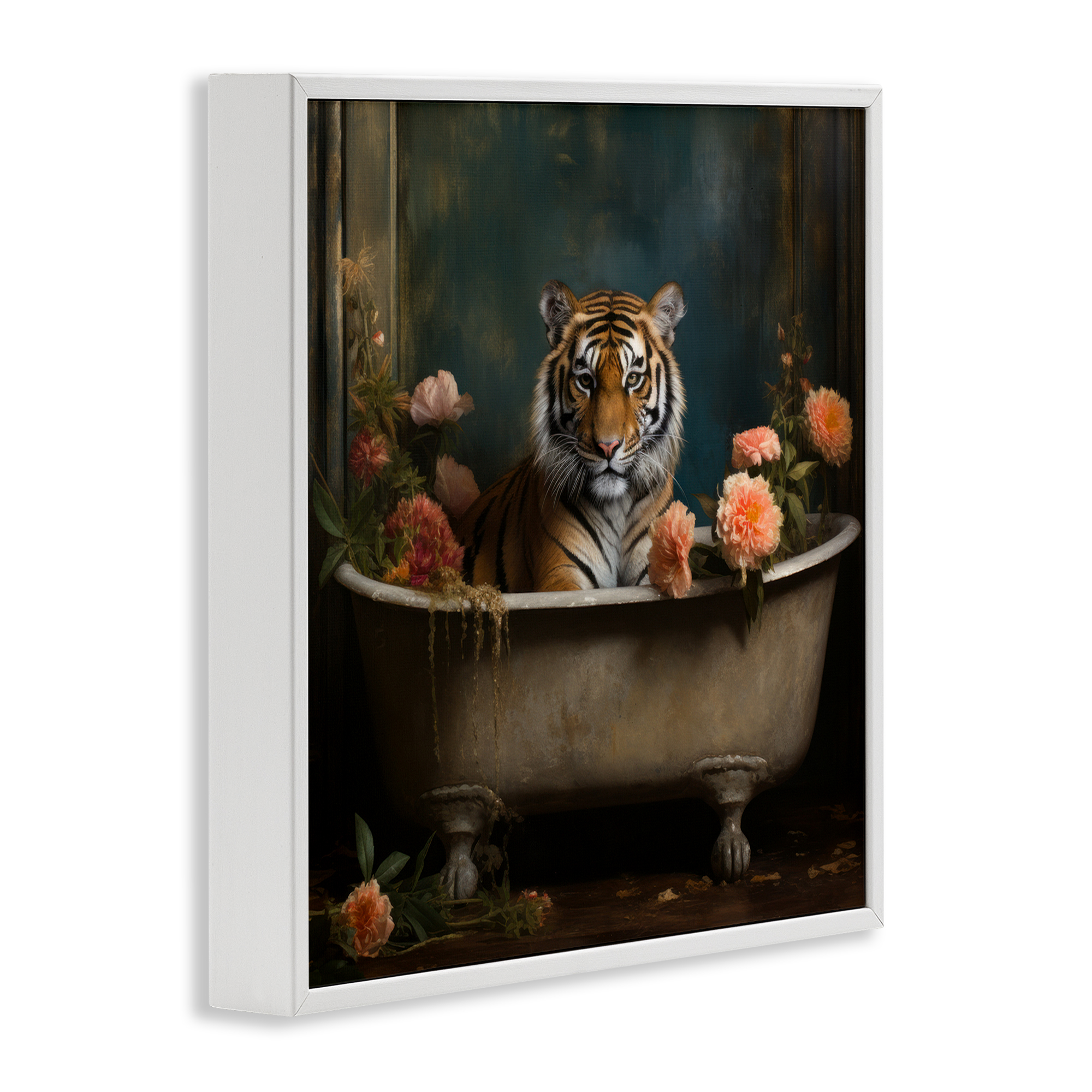 Tiger in Floral Bathtub White Framed Giclee Art, 17 x 17