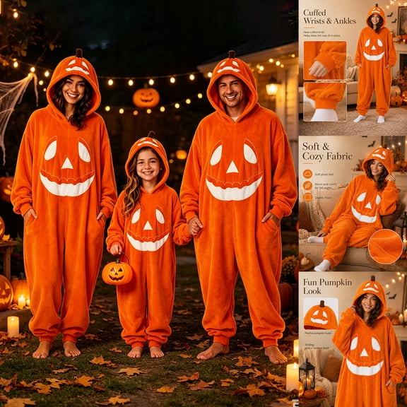 HTHLVMD Family Matching Pajamas, Family Halloween Pajamas Matching Sets, Halloween Pumpkin Costume Onesie Orange Plush Jumpsuit Zip Up Hooded Pajama Cosplay Outfit for Family Trick Or Treat Wear