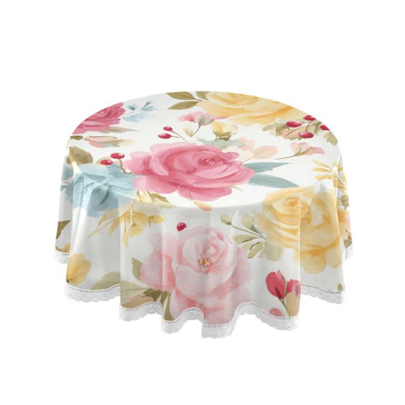 Round Single Sided Printed Tablecloth, 60 Inch Polyester Round Table Cover with White Lace Trim, Wrinkle Resistant Decorative Table Cloth for Home Pink Yellow Roses White