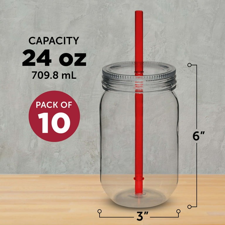 Glass Mason Drinking Jars with Handle & Wooden Carrier with Reusable Straws, Lids & Handles Set of 6, 16oz, Red