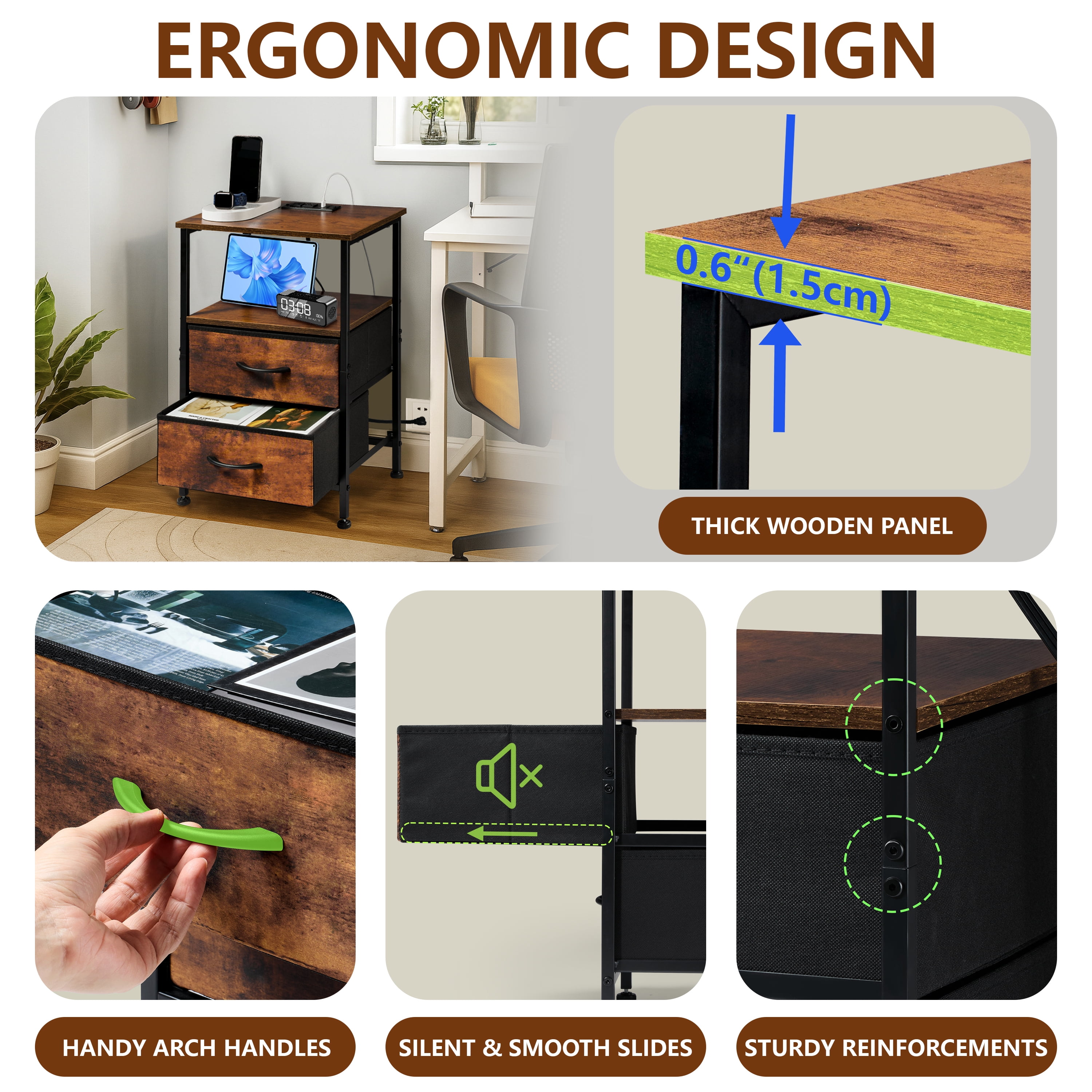 Coliware File Cabinet with Charging Station, Wood Printer Stand with Drawer Storage Shelves, Filing Organization Fits A4 Letter Size, Home Office Furniture for Under Desk Storage - Rustic Brown