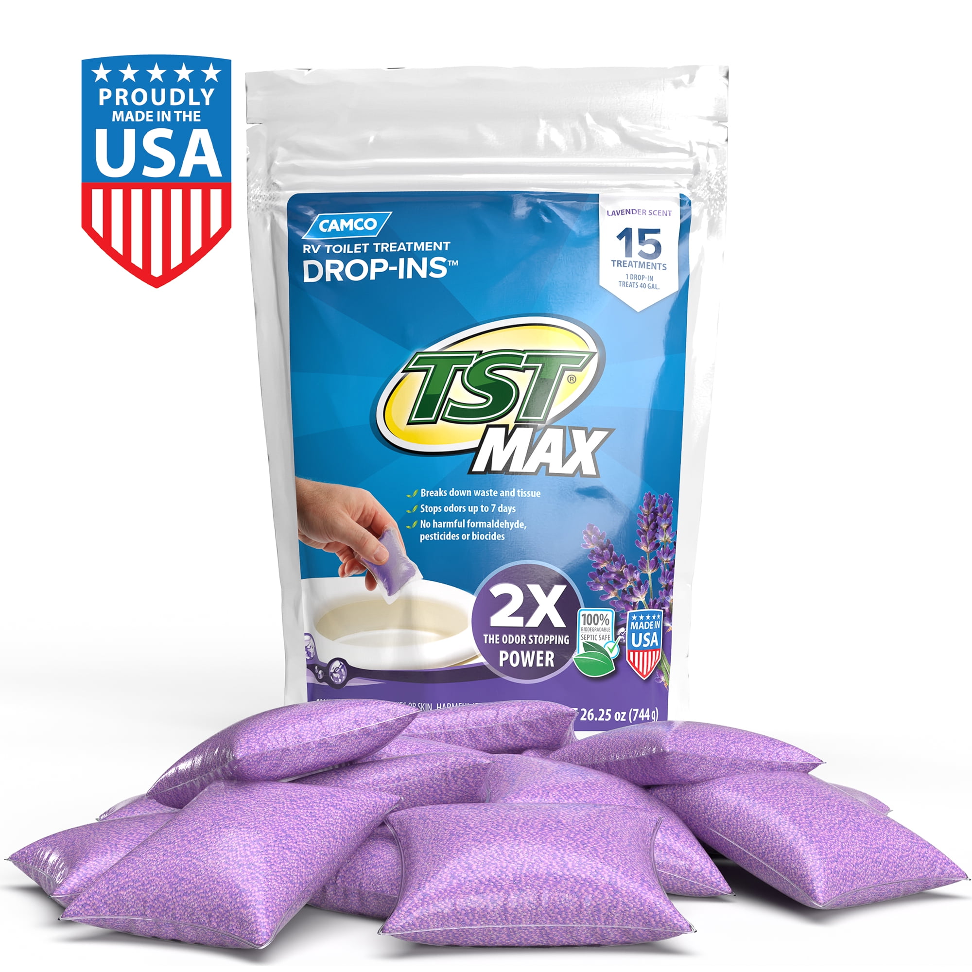 (2 pack) Camco TST MAX RV Toilet Treatment Drop-Ins - Septic Safe - Lavender, 15 Count (41559)