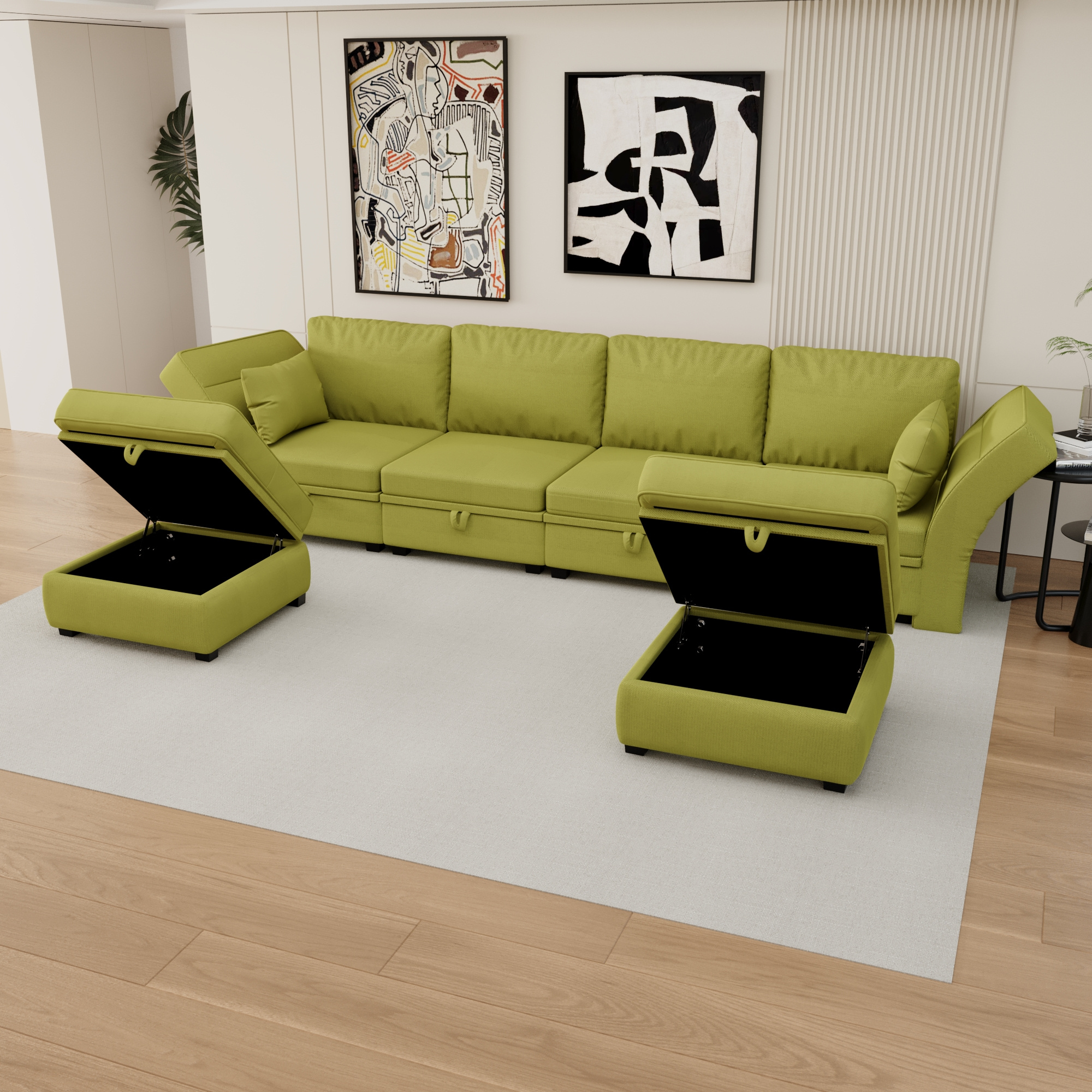 Aukfa 110" Linen Storage Sectional Couch for Living Room, Modular Sleeper Sofa U-shaped sofa, Olive