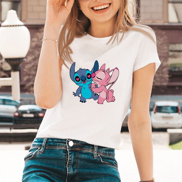 Lilo & Stitch Cartoon Pattern T-shirts Female Kawaii Harajuku Outdoor Fashion Dropship Diseny O-Neck Women T Shirts Black WhiteXL Gao Jinjia LED