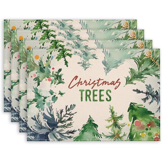 Green Christmas Tree Placemats Set of 4, 12x 18 Inch Holiday Winter Farmhouse Rustic Place Mats Xmas Linen Dining Table Mats for Christmas Party Kitchen Dining Decoration