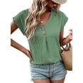 thumbnail image 3 of HUBERY Women Button Up V Neck Short Sleeve Pleated Solid Color Top, 3 of 7