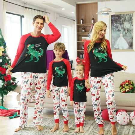 

wybzd Family Christmas Pjs Matching Sets Dinosaur Deer Long Sleeve Top Plaid Pants Holiday Pajamas for Couples Women Men Adults Dog