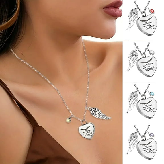 Huepoe January to December Birthstone Heart Necklace with Angel Wings Bone Ash Storage Red Rhinestone Personalized Gift for Friends And Lovers Daily Wear And Party Jewelry