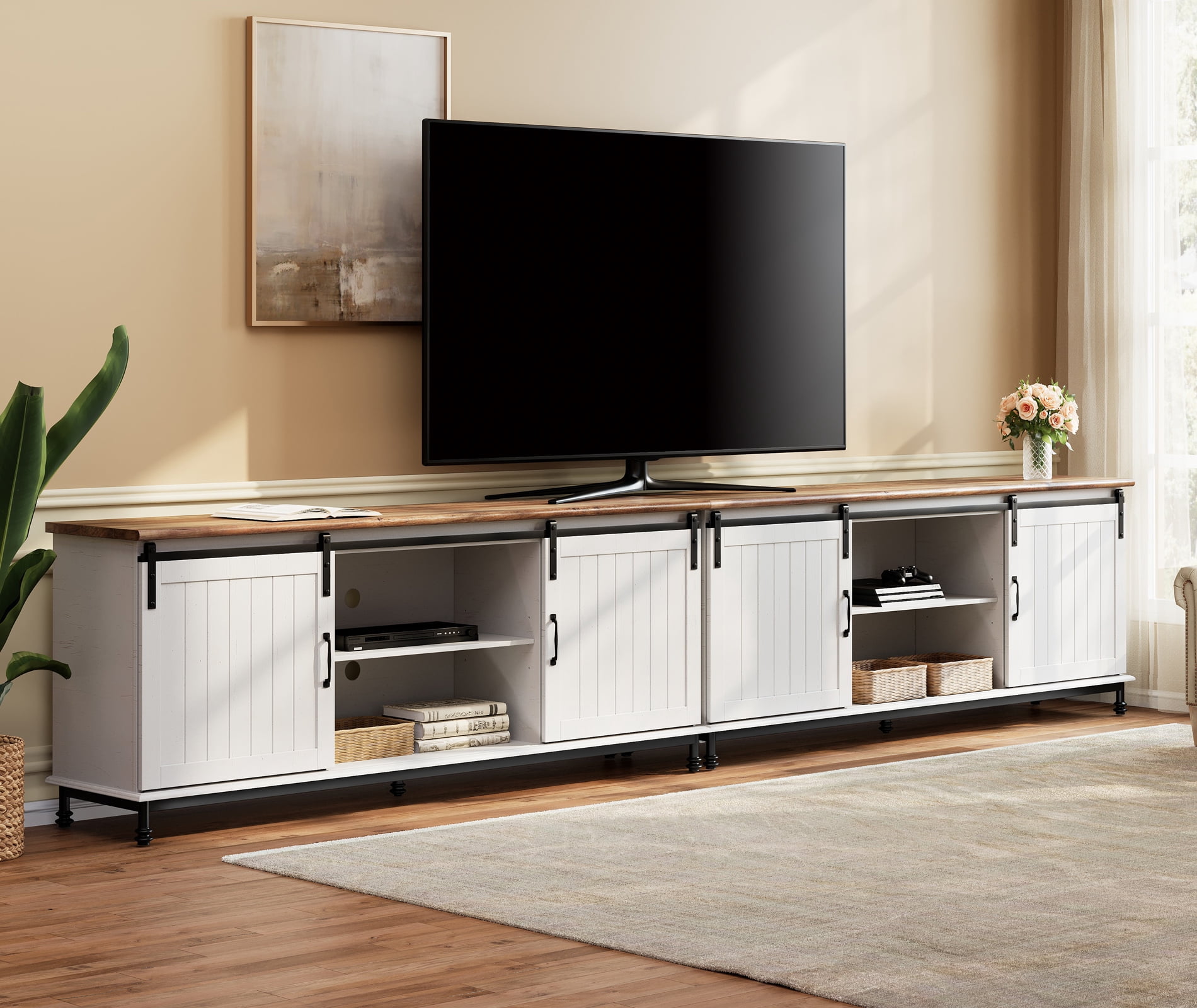 2-in-1 Piece Inches TV Stand with 16 Colorful Led Lights, Wood Entertainment Center for livingroom, Console Table Storage Cabinet with Sliding Barn Door for 80 90 100 110 Inch TV