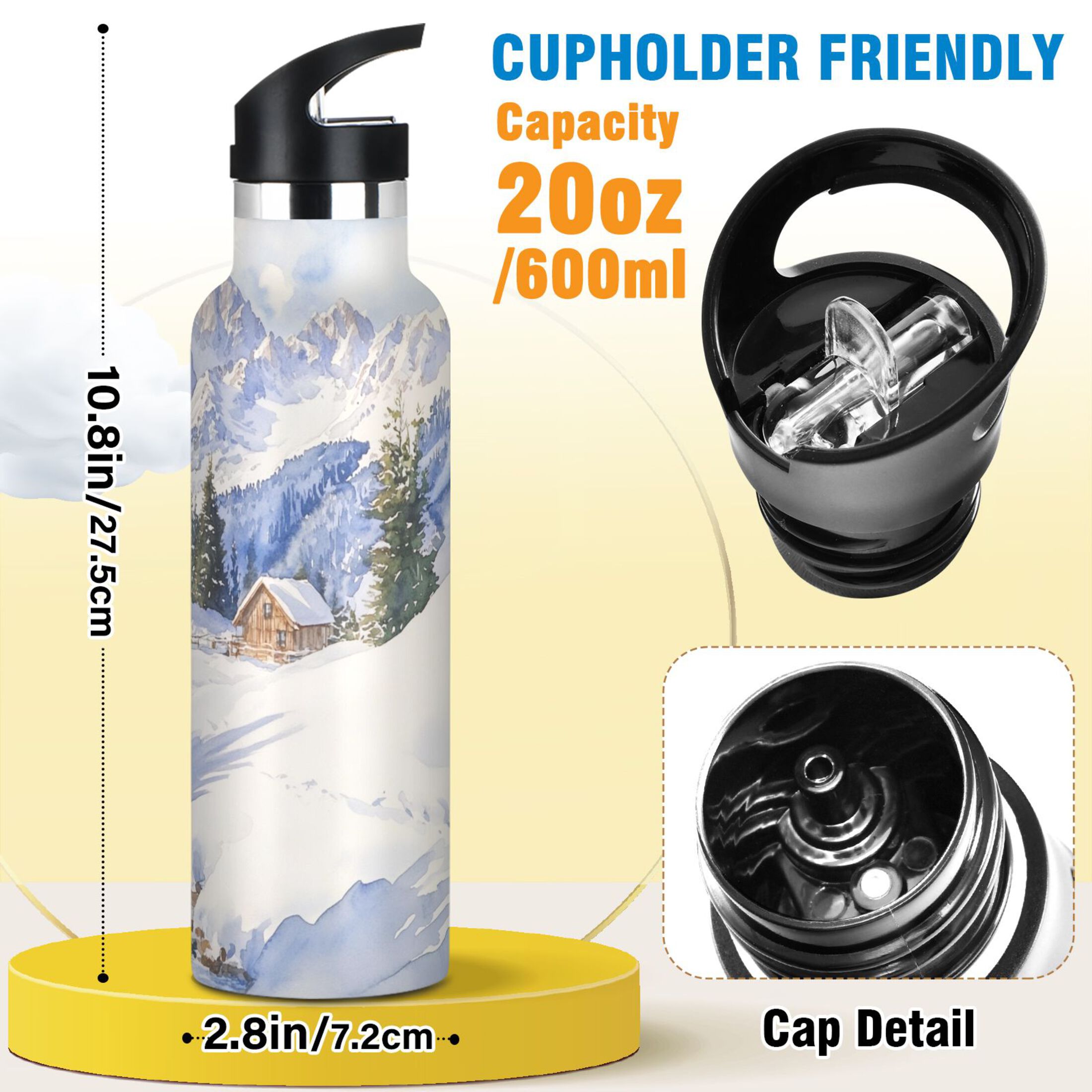 600ML Stainless Steel Insulated Cup Sports Water Bottle Portable Thermos Cup Water Glasses Insulated Tumblers Convenient and Durable Snow Scene