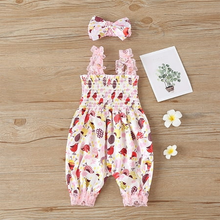 

DAETIROS Skin Friendly Newborn infant Baby Girls Jumpsuit One Piece Easter Eggs Strap Lace Romper Multicolor