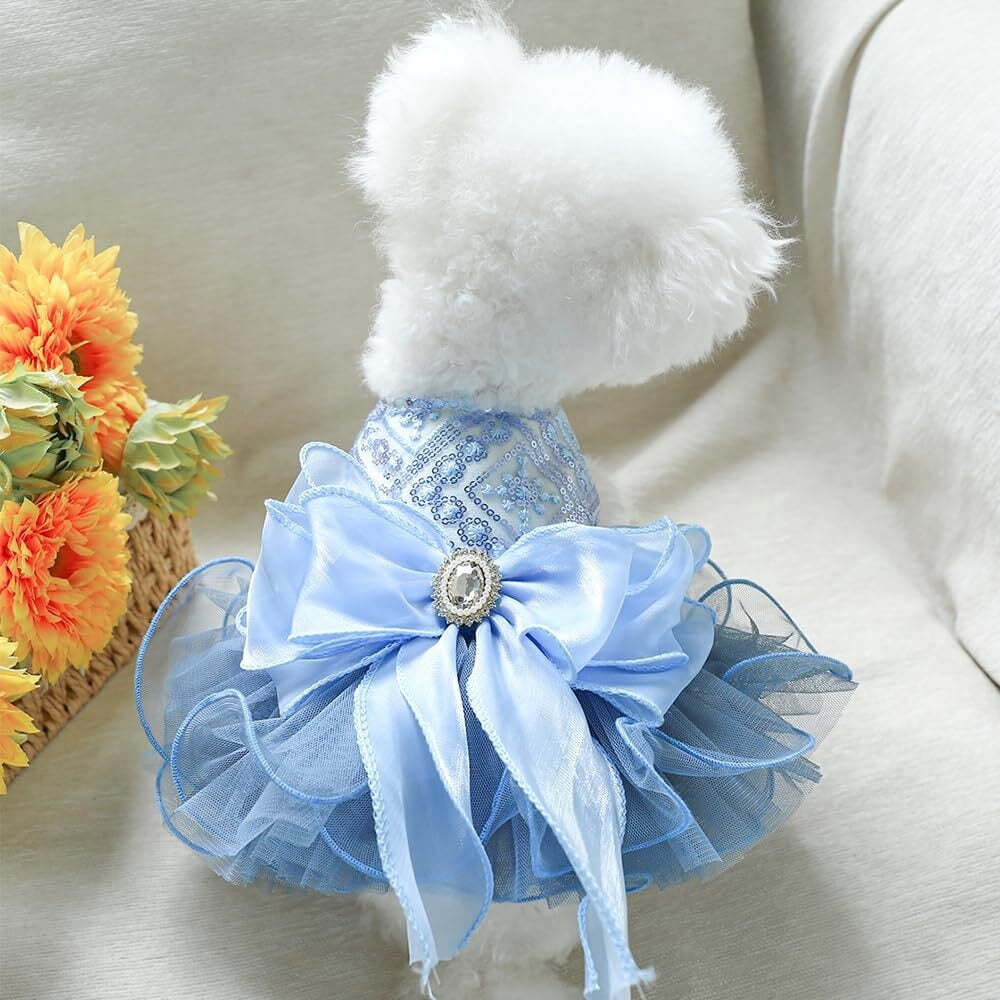 ANIAC Gray Dog Dress for Small Dogs Female,Bow Knot Girl Puppy Clothes with Detachable Pearl Necklace, Elegant Cat Dress, Formal Pet Pary Outfit for Wedding Birthday Valentines (Gray, Large)